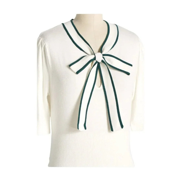 Modcloth Bow Thyself Tie-NecK White Knit Viscose Blend Sweater NWT Size Large - Picture 1 of 2